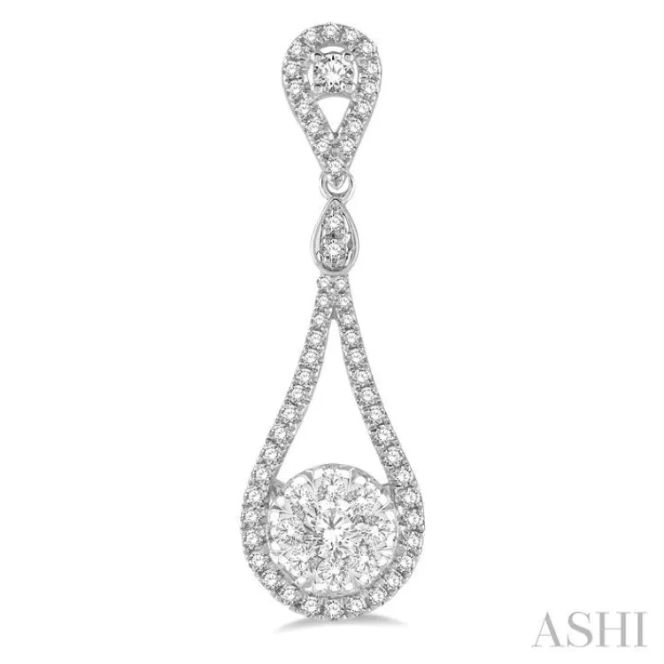 1 Ctw Loop Dangler Round Cut Diamond Lovebright Hanging Earrings in 14K White Gold