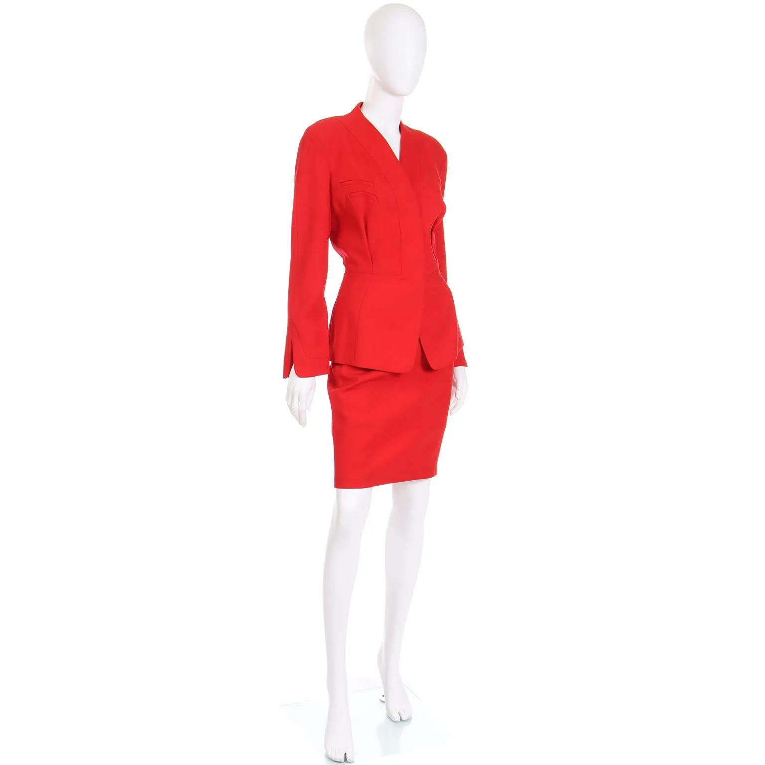 1990s Thierry Mugler Deadstock Cherry Red Jacket and Skirt Suit w Tags
