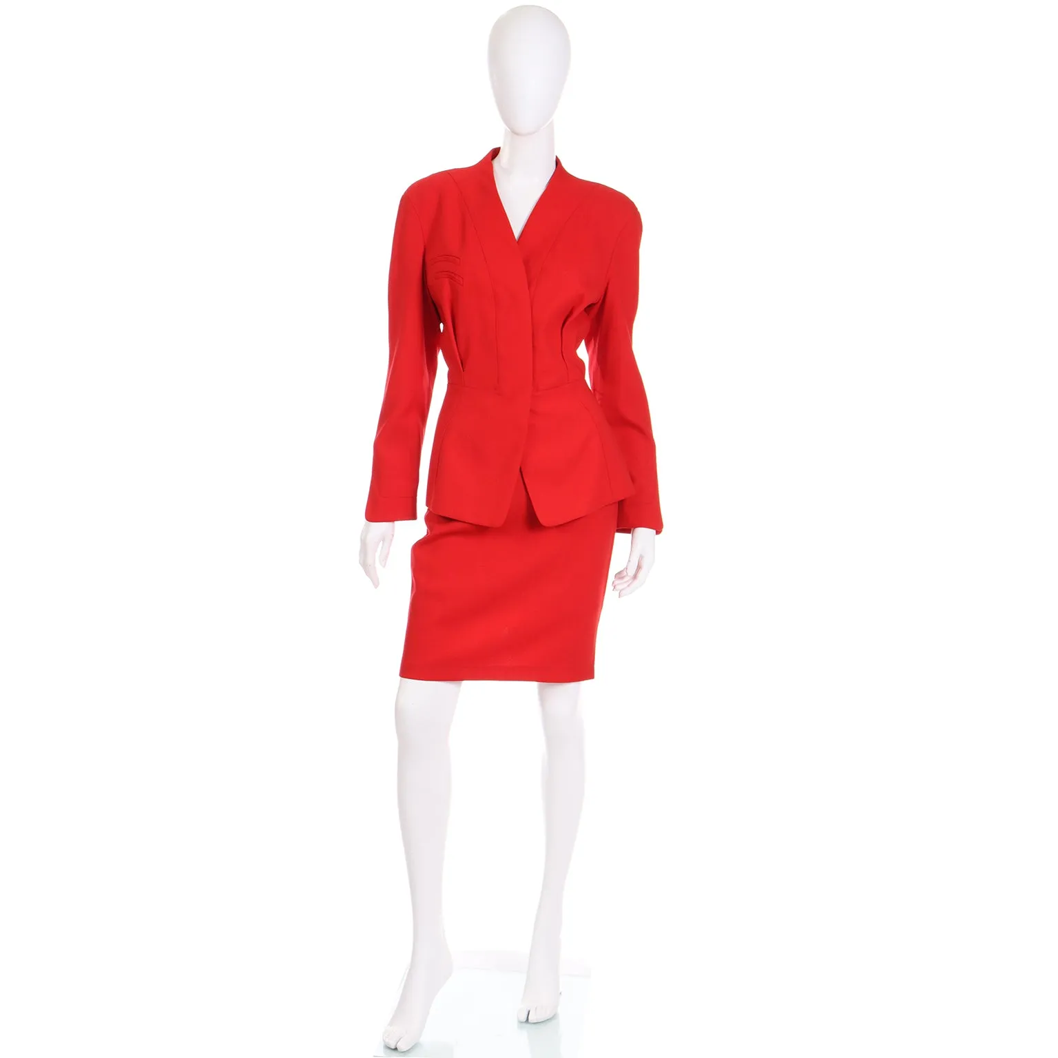 1990s Thierry Mugler Deadstock Cherry Red Jacket and Skirt Suit w Tags