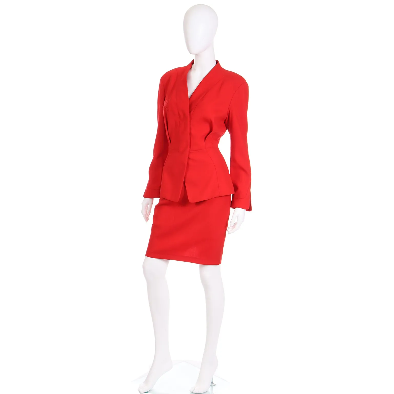 1990s Thierry Mugler Deadstock Cherry Red Jacket and Skirt Suit w Tags