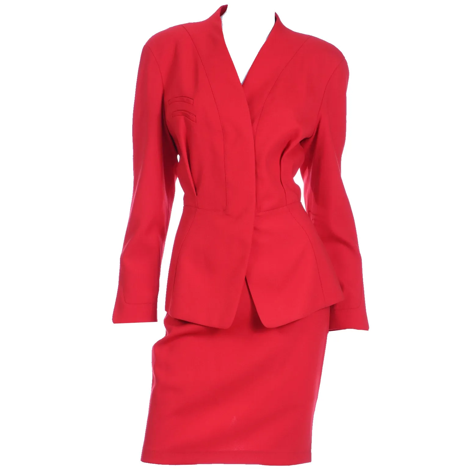 1990s Thierry Mugler Deadstock Cherry Red Jacket and Skirt Suit w Tags