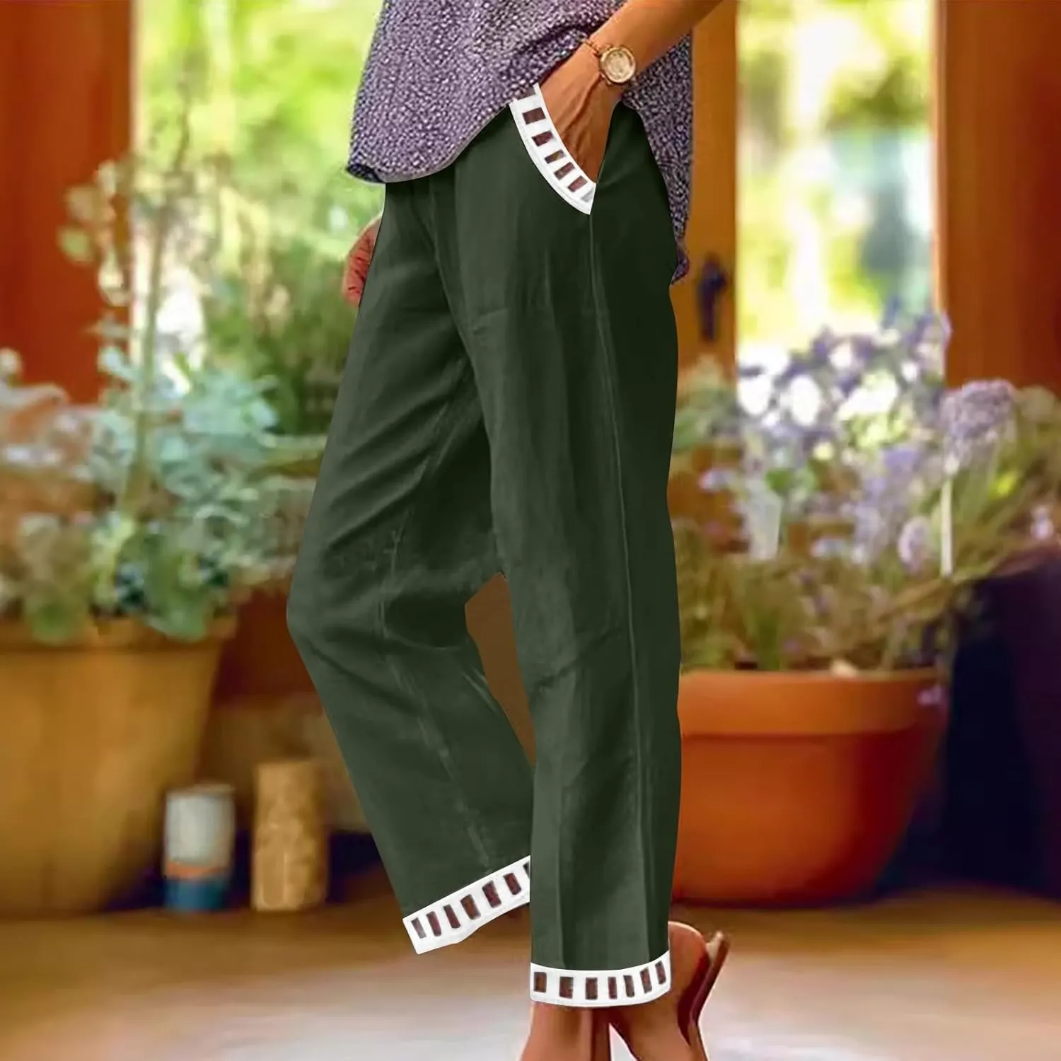 2025 Womens Capri Lace Linen Pants, Casual Summer Drawstring Elastic High Waist Pant Straight Cropped Trouser