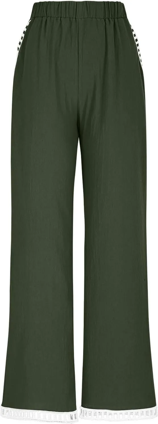 2025 Womens Capri Lace Linen Pants, Casual Summer Drawstring Elastic High Waist Pant Straight Cropped Trouser