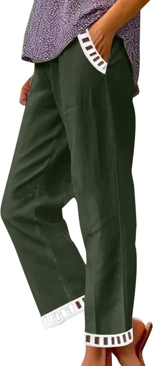 2025 Womens Capri Lace Linen Pants, Casual Summer Drawstring Elastic High Waist Pant Straight Cropped Trouser