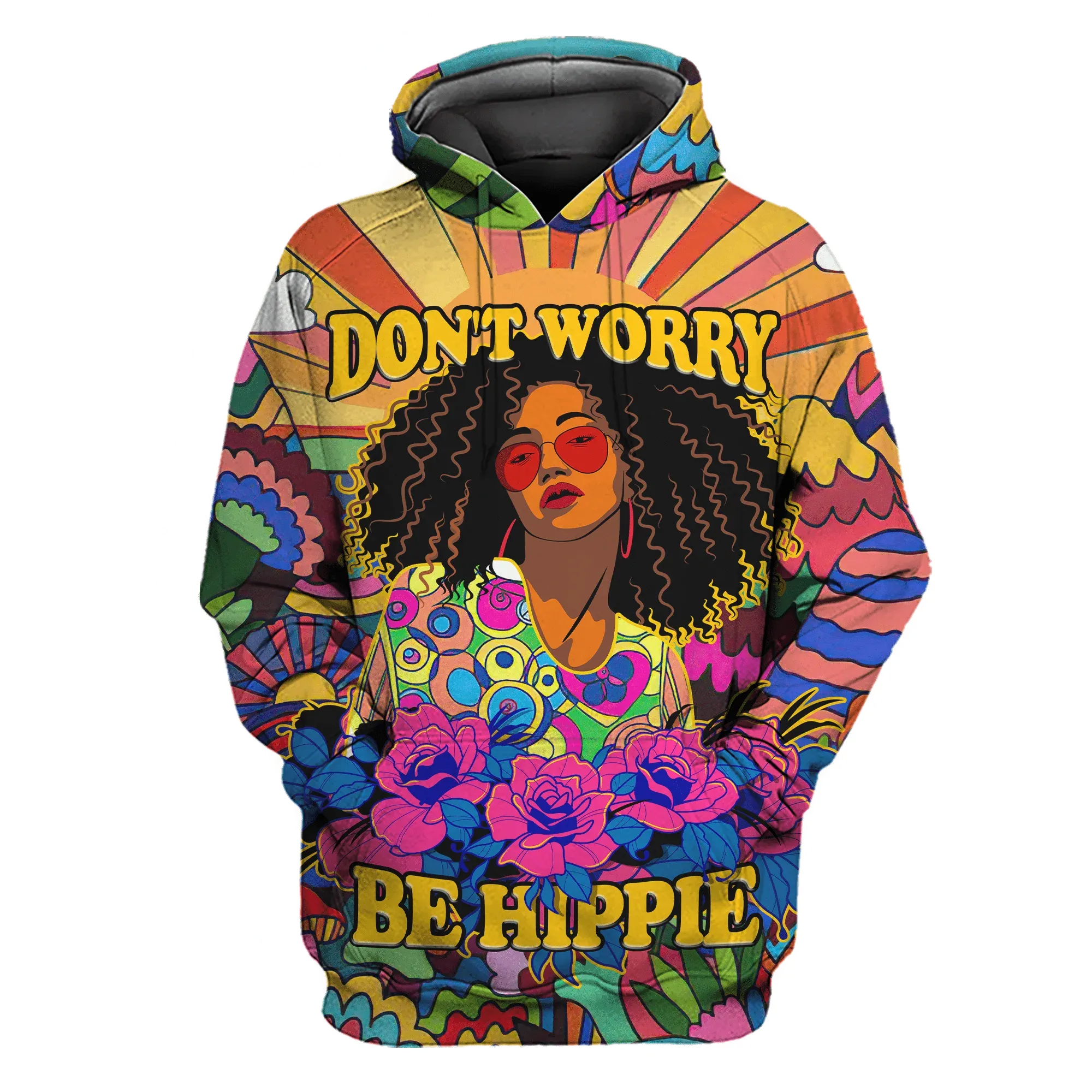 3D Hippie Hoodie Flower Pattern Don'T Worry Be Hippie All Over Printed Hoodie, Hippie Girl Gift