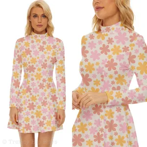 60s Dress Style, Mod Dress, Pink Mod Dress, Turtle neck dress, GOGO Dress, 60s style dress, 60s mini dress, Pink Floral Dress, Retro Dress