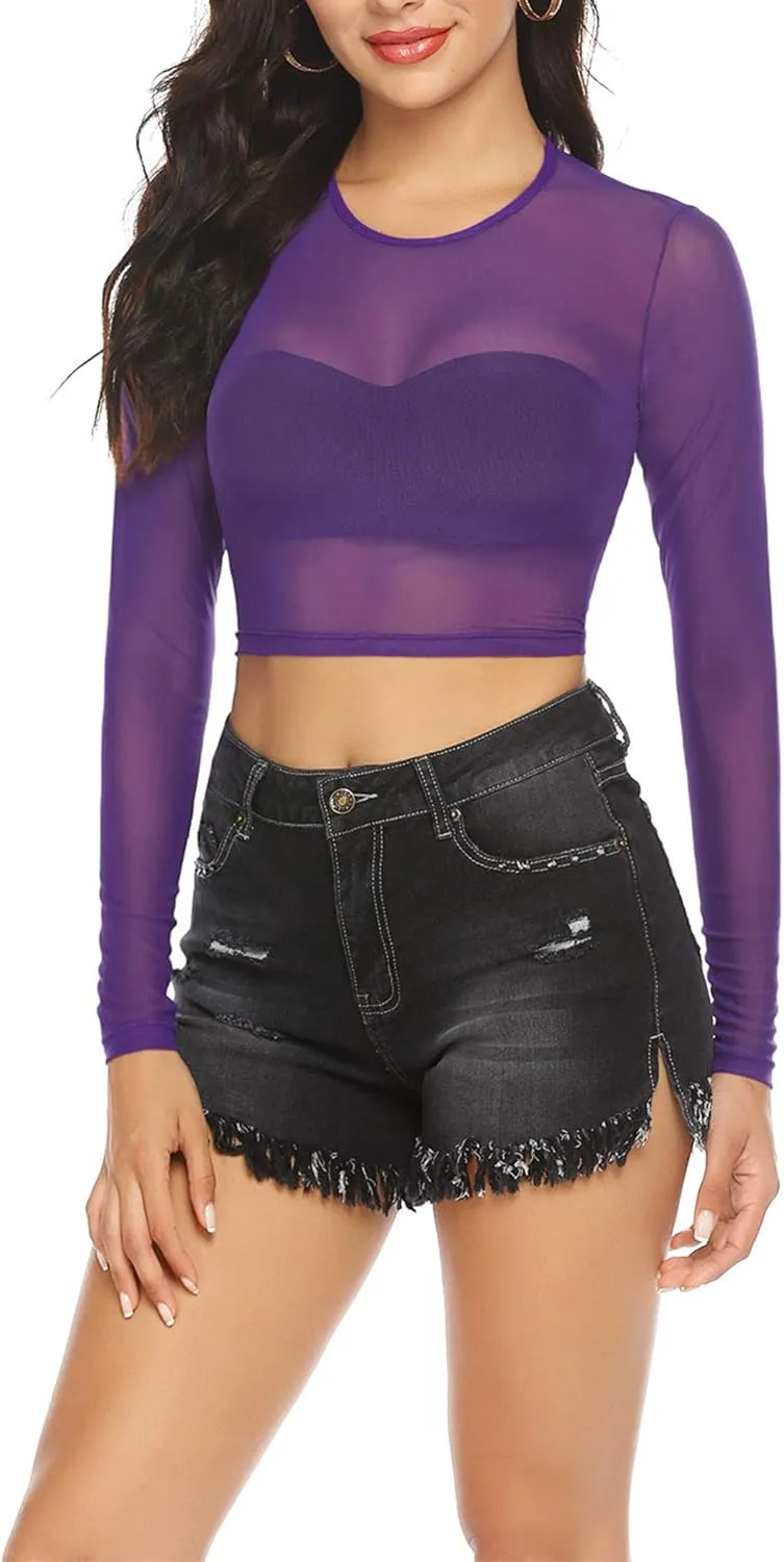 ADOME Mesh Crop Top Sheer Tops for Women See Through Shirt Long Sleeve Basic Crop Top S-4XL