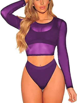 ADOME Mesh Crop Top Sheer Tops for Women See Through Shirt Long Sleeve Basic Crop Top S-4XL
