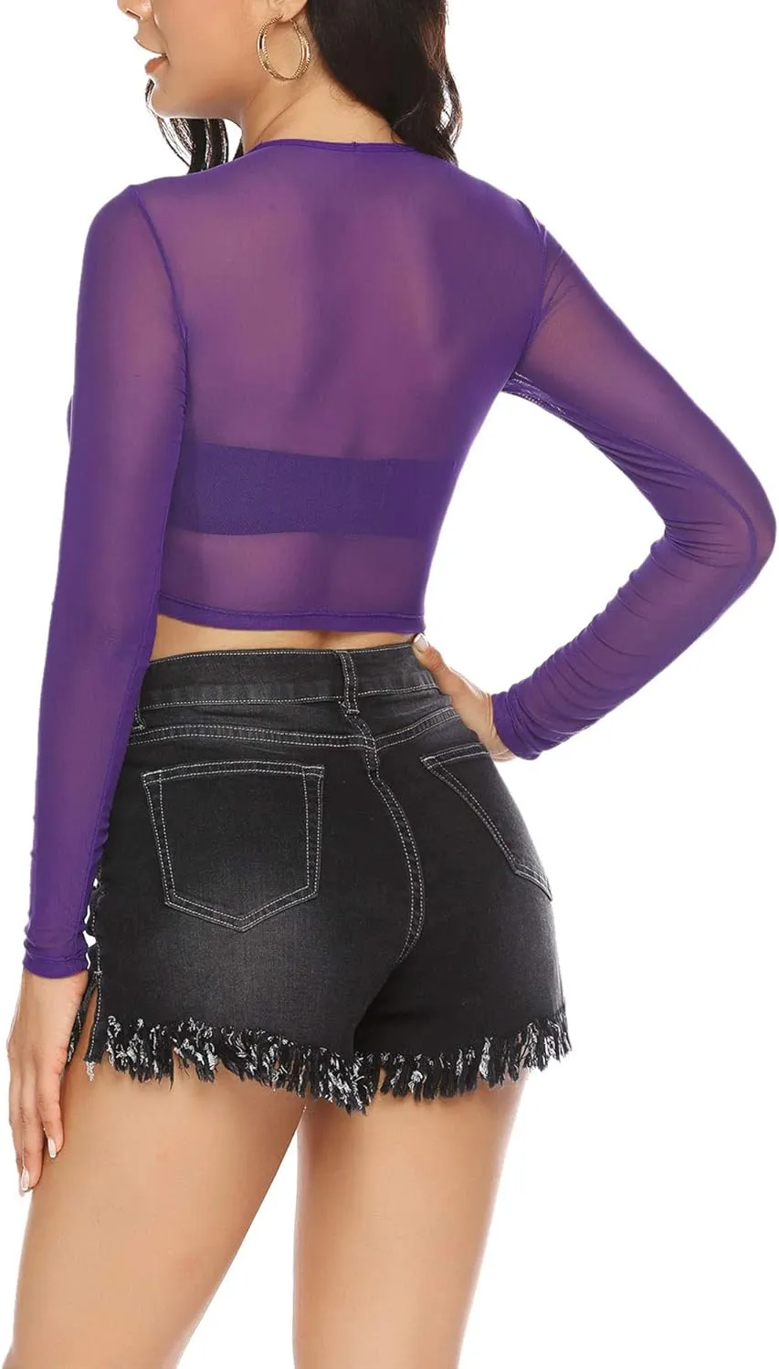 ADOME Mesh Crop Top Sheer Tops for Women See Through Shirt Long Sleeve Basic Crop Top S-4XL