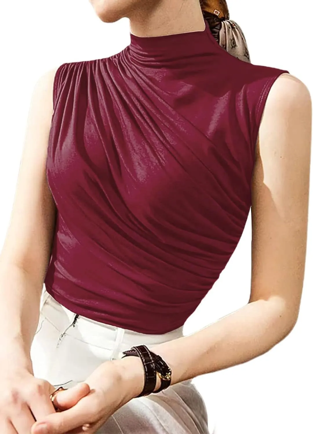 Avanova Women Fitted Sleeveless Ruched Tank Top Shirt Mock Turtleneck Blouses