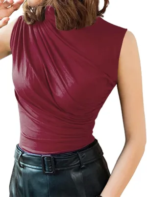 Avanova Women Fitted Sleeveless Ruched Tank Top Shirt Mock Turtleneck Blouses