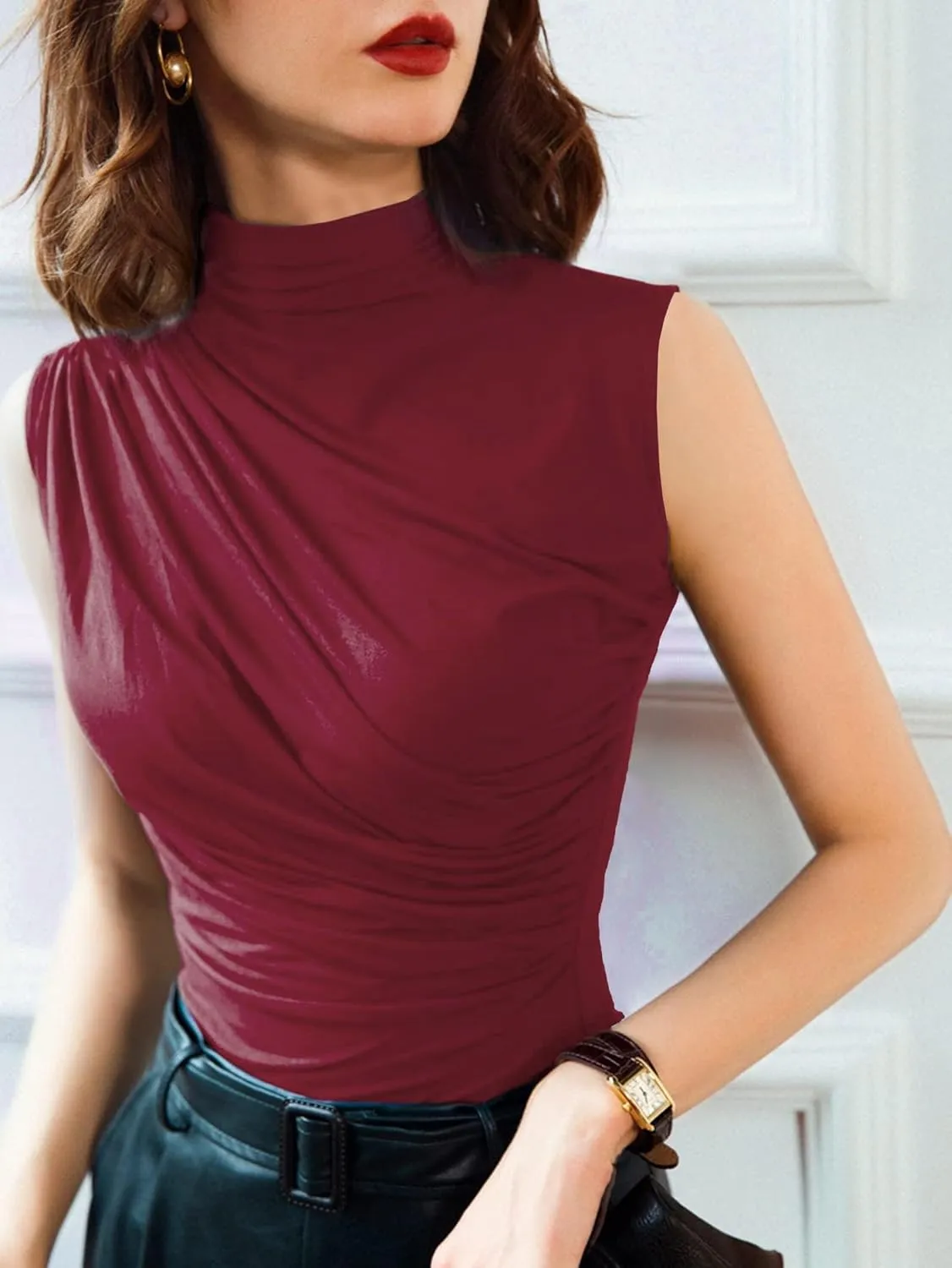 Avanova Women Fitted Sleeveless Ruched Tank Top Shirt Mock Turtleneck Blouses