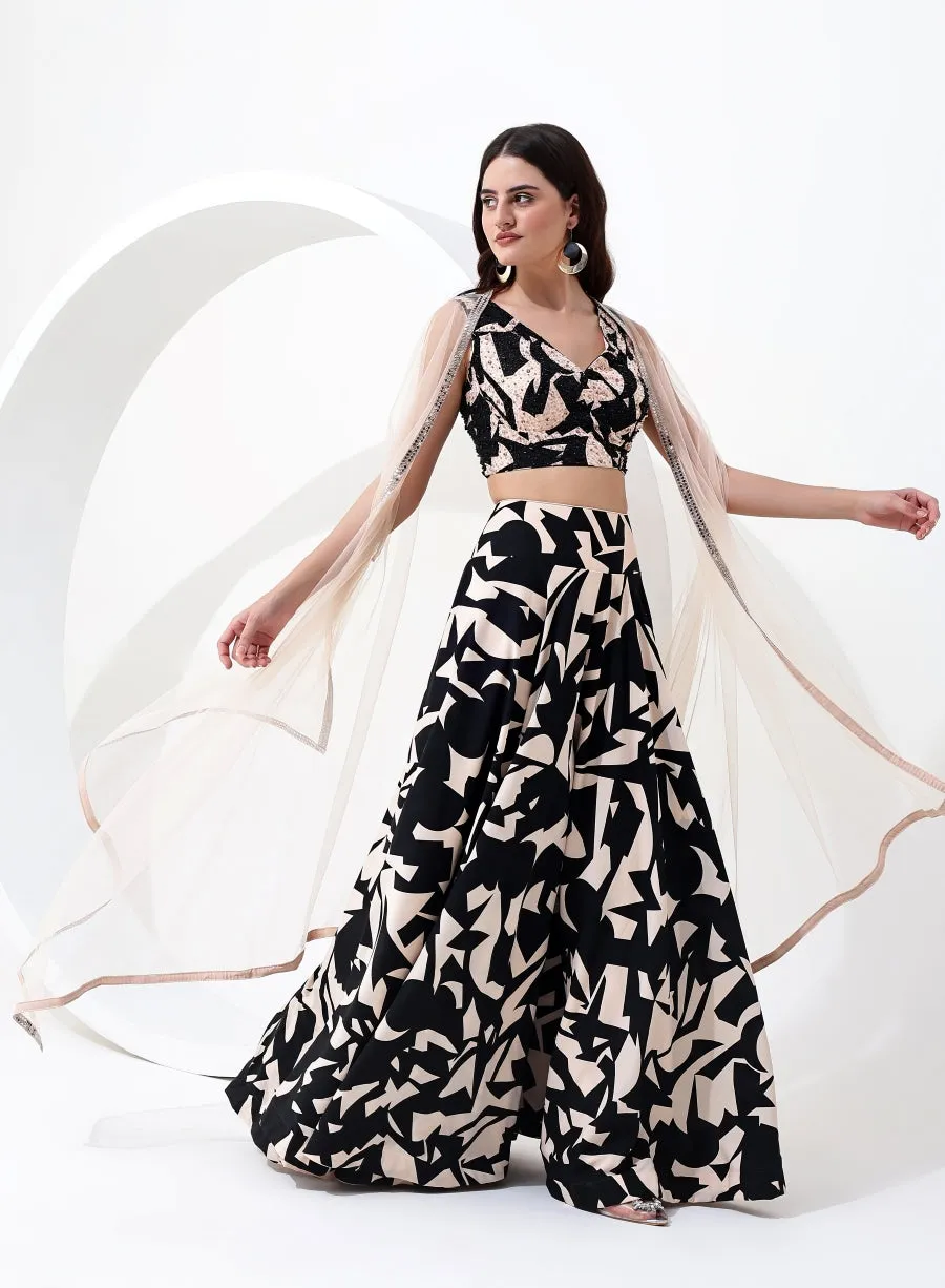 Black and Cream Digital Print Sequence Crop Top with Pant Style Bottom and Jacket Style Dupatta.