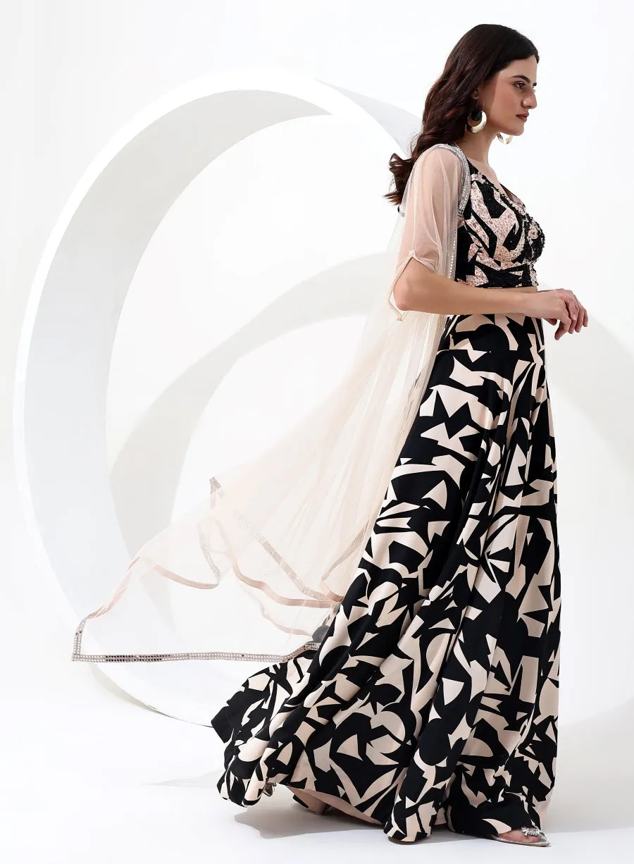 Black and Cream Digital Print Sequence Crop Top with Pant Style Bottom and Jacket Style Dupatta.