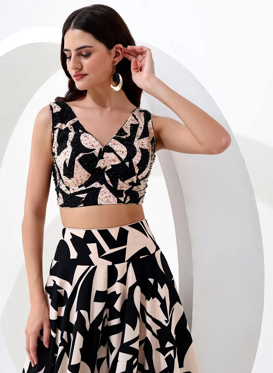 Black and Cream Digital Print Sequence Crop Top with Pant Style Bottom and Jacket Style Dupatta.