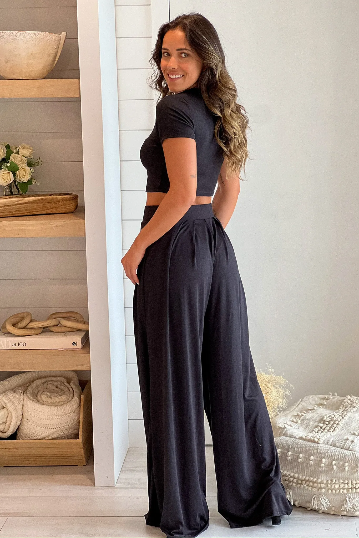 Black Crop Top And Pants Set