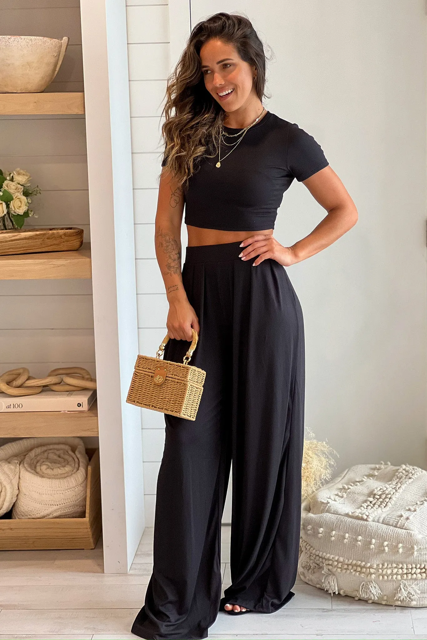 Black Crop Top And Pants Set