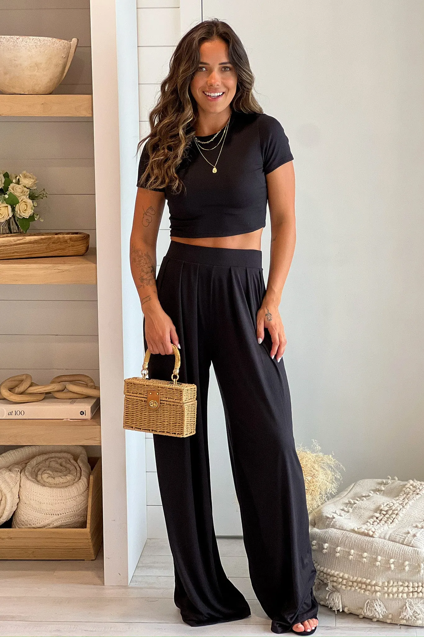Black Crop Top And Pants Set