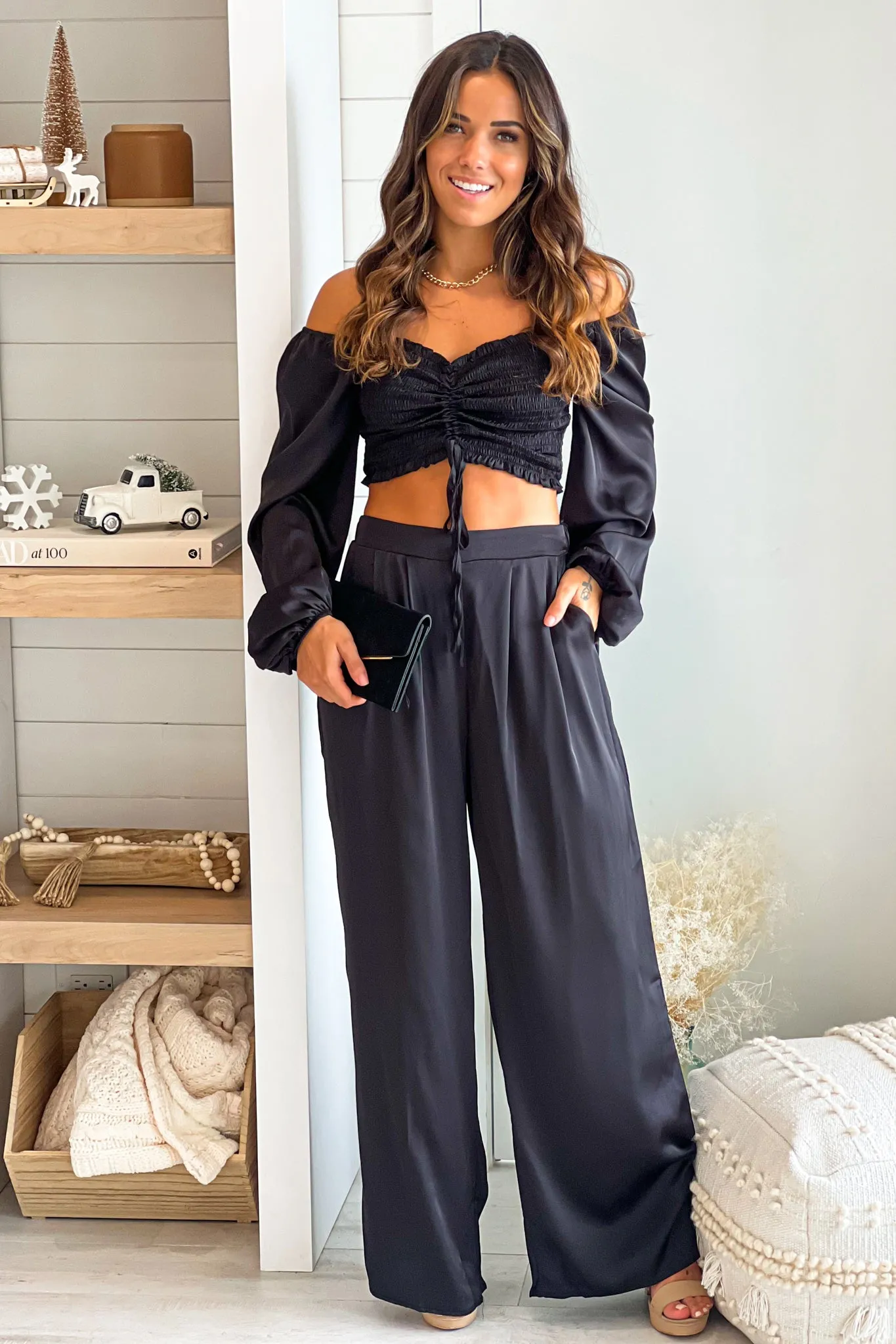Black Smocked Top and Pants Set