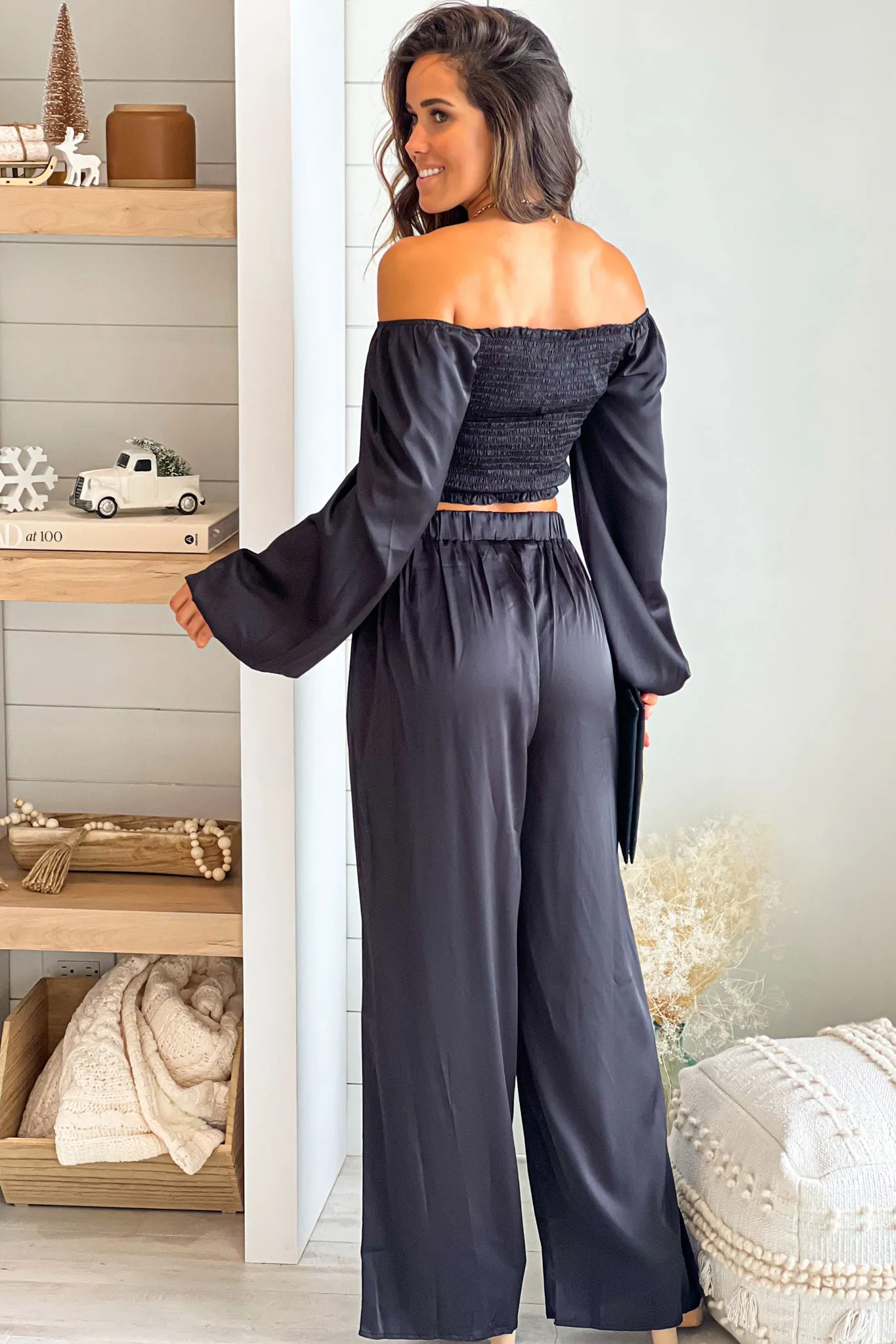 Black Smocked Top and Pants Set