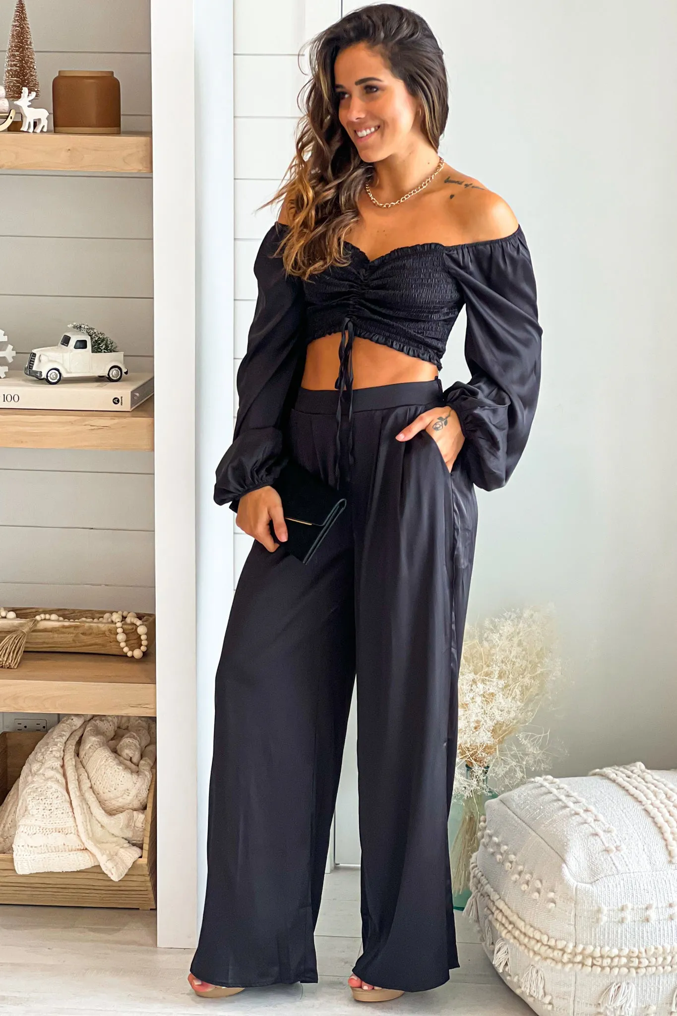 Black Smocked Top and Pants Set