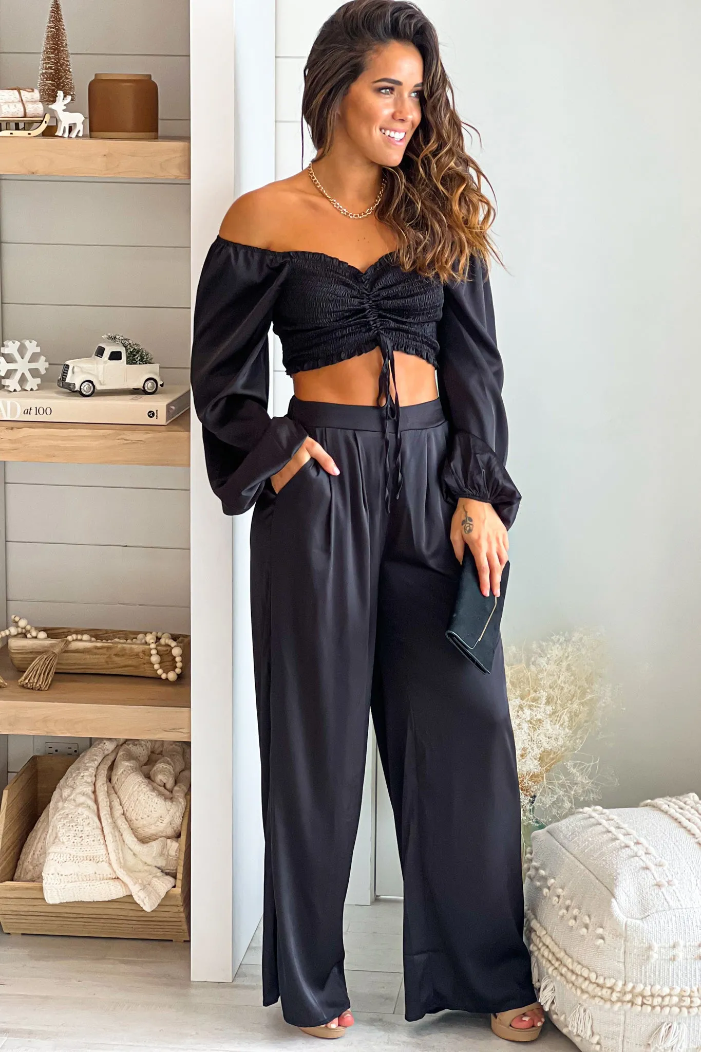 Black Smocked Top and Pants Set