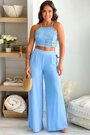Blue Crochet Top And Pants Set