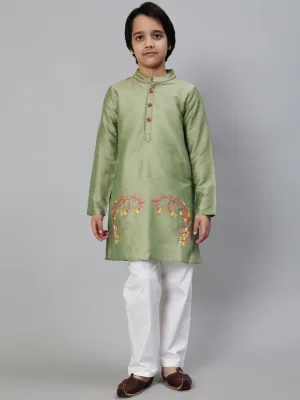 Boy's Green Embroidered Straight Kurta - Aks Boys