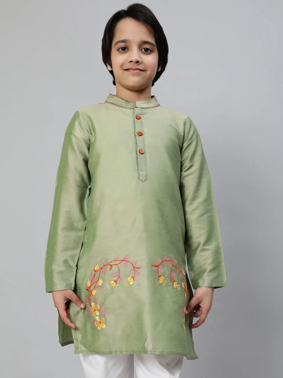 Boy's Green Embroidered Straight Kurta - Aks Boys