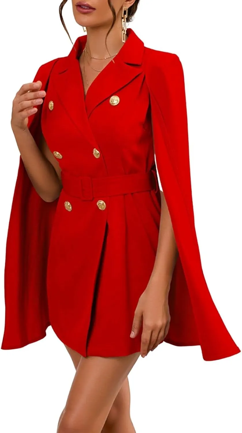 CHARTOU Women Elegant Blazer Dress Poncho Cape Double Breasted Office Work Mini Dress Blazer Jacket