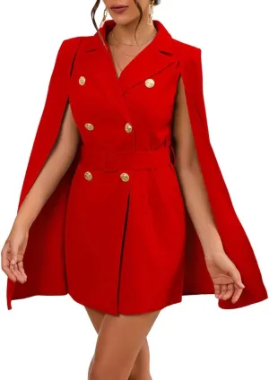 CHARTOU Women Elegant Blazer Dress Poncho Cape Double Breasted Office Work Mini Dress Blazer Jacket