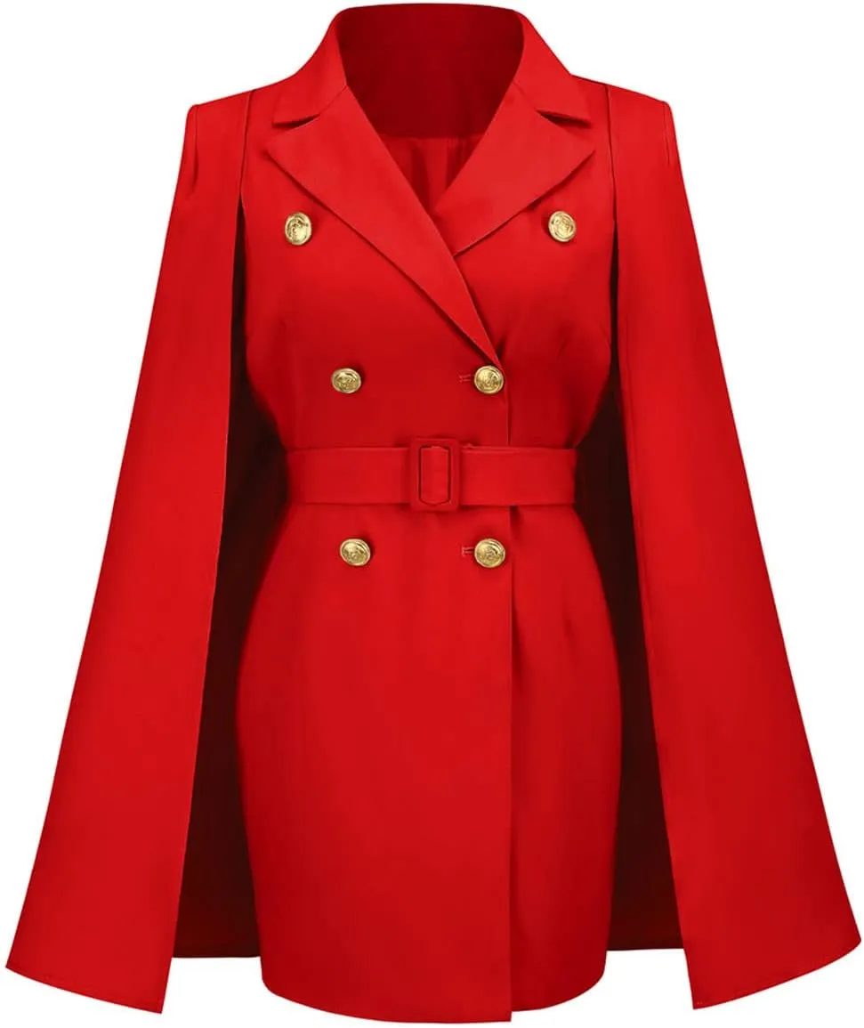 CHARTOU Women Elegant Blazer Dress Poncho Cape Double Breasted Office Work Mini Dress Blazer Jacket