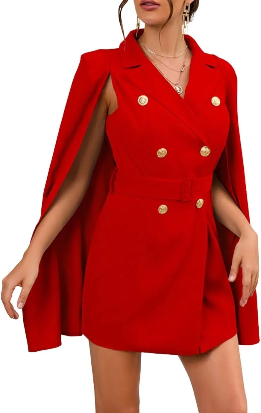 CHARTOU Women Elegant Blazer Dress Poncho Cape Double Breasted Office Work Mini Dress Blazer Jacket
