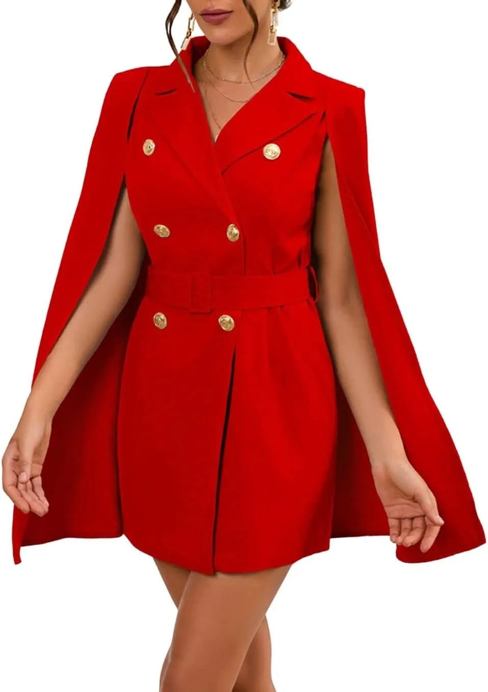 CHARTOU Women Elegant Blazer Dress Poncho Cape Double Breasted Office Work Mini Dress Blazer Jacket