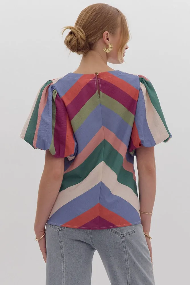 Colorblock SS Top with Puff Sleeve in Denim Plum by Entro