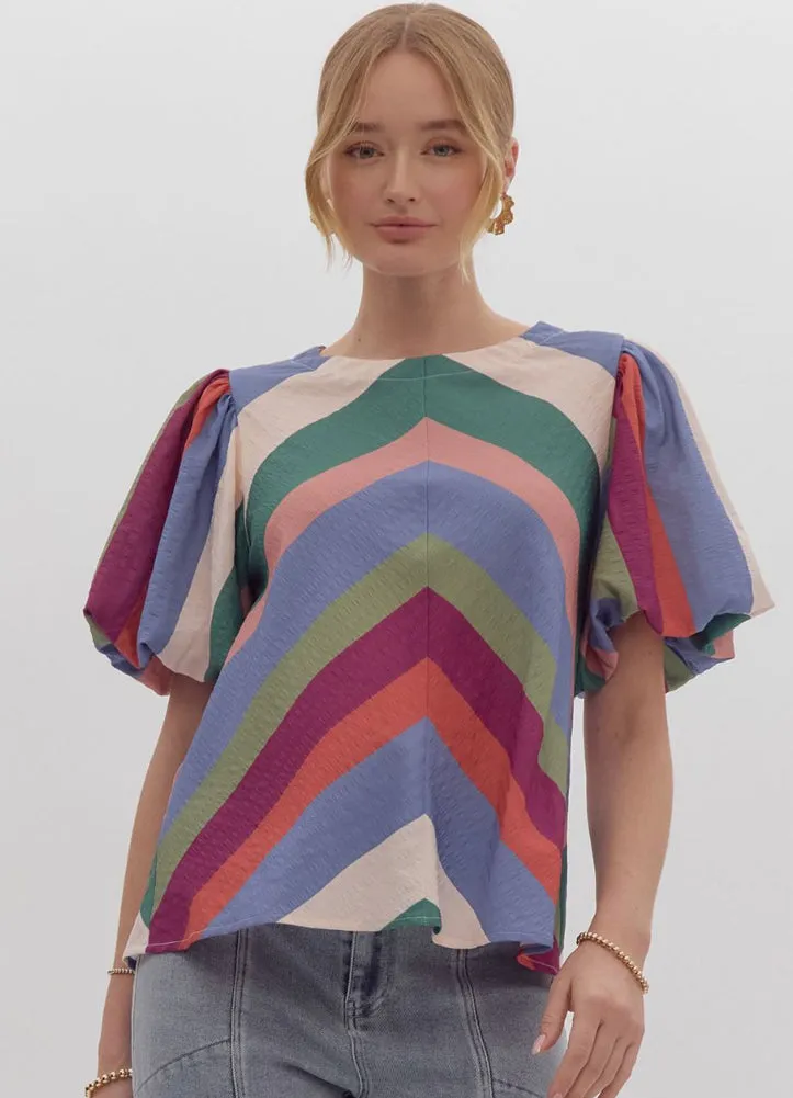Colorblock SS Top with Puff Sleeve in Denim Plum by Entro