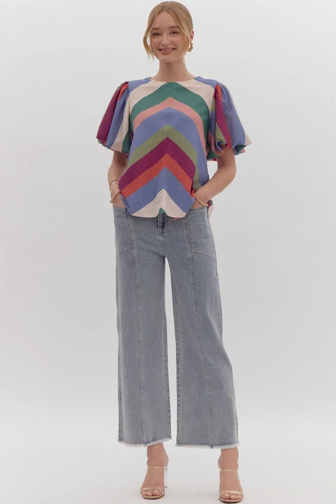 Colorblock SS Top with Puff Sleeve in Denim Plum by Entro