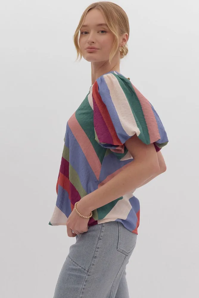 Colorblock SS Top with Puff Sleeve in Denim Plum by Entro