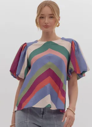 Colorblock SS Top with Puff Sleeve in Denim Plum by Entro