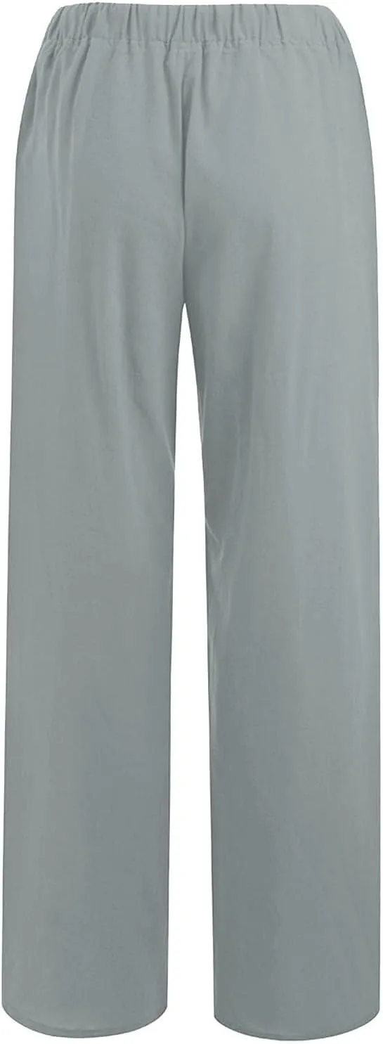 Cotton Linen Pants for Women Casual Straight Leg Trousers Drawstring High Waist Summer Wide Leg Pants with Pockets