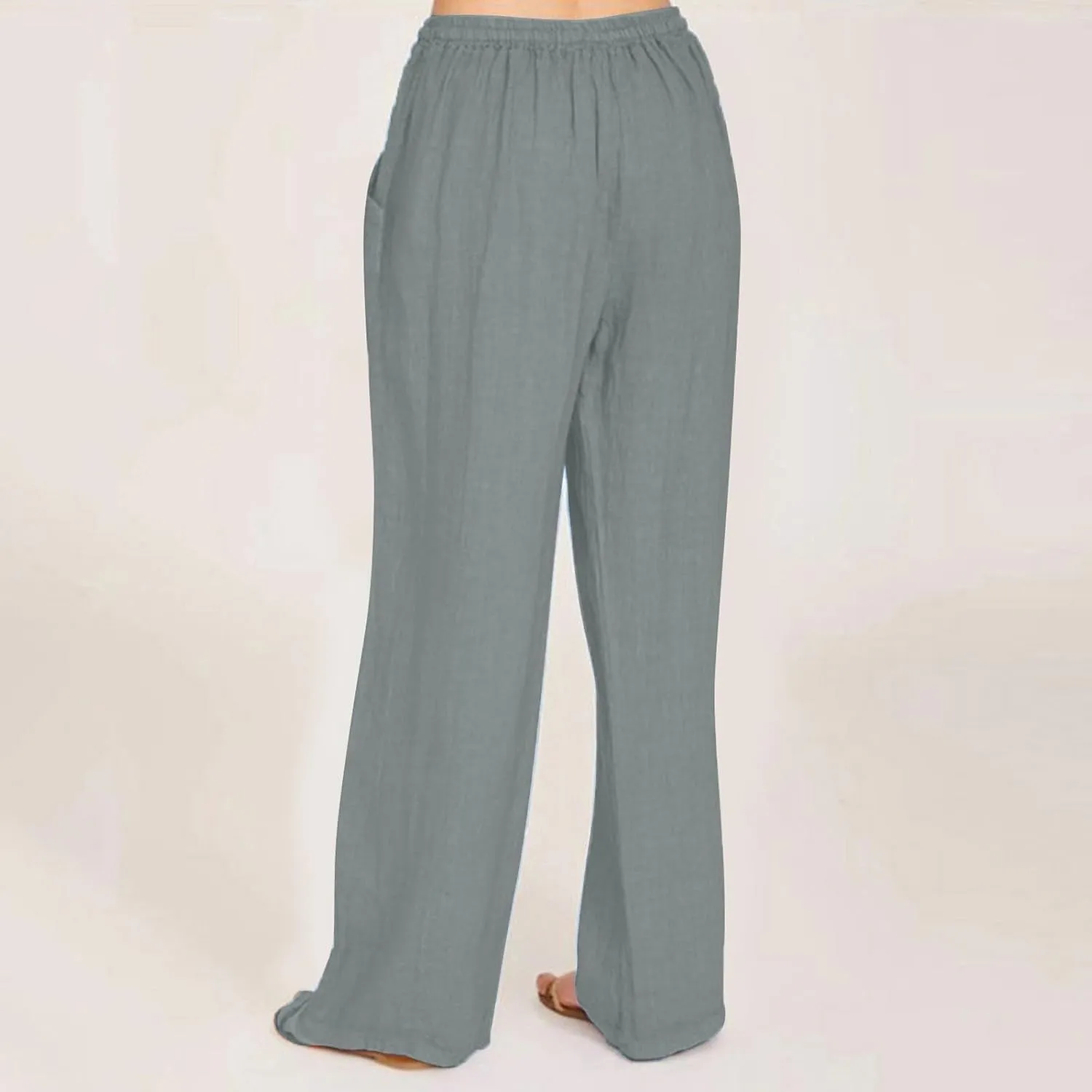 Cotton Linen Pants for Women Casual Straight Leg Trousers Drawstring High Waist Summer Wide Leg Pants with Pockets