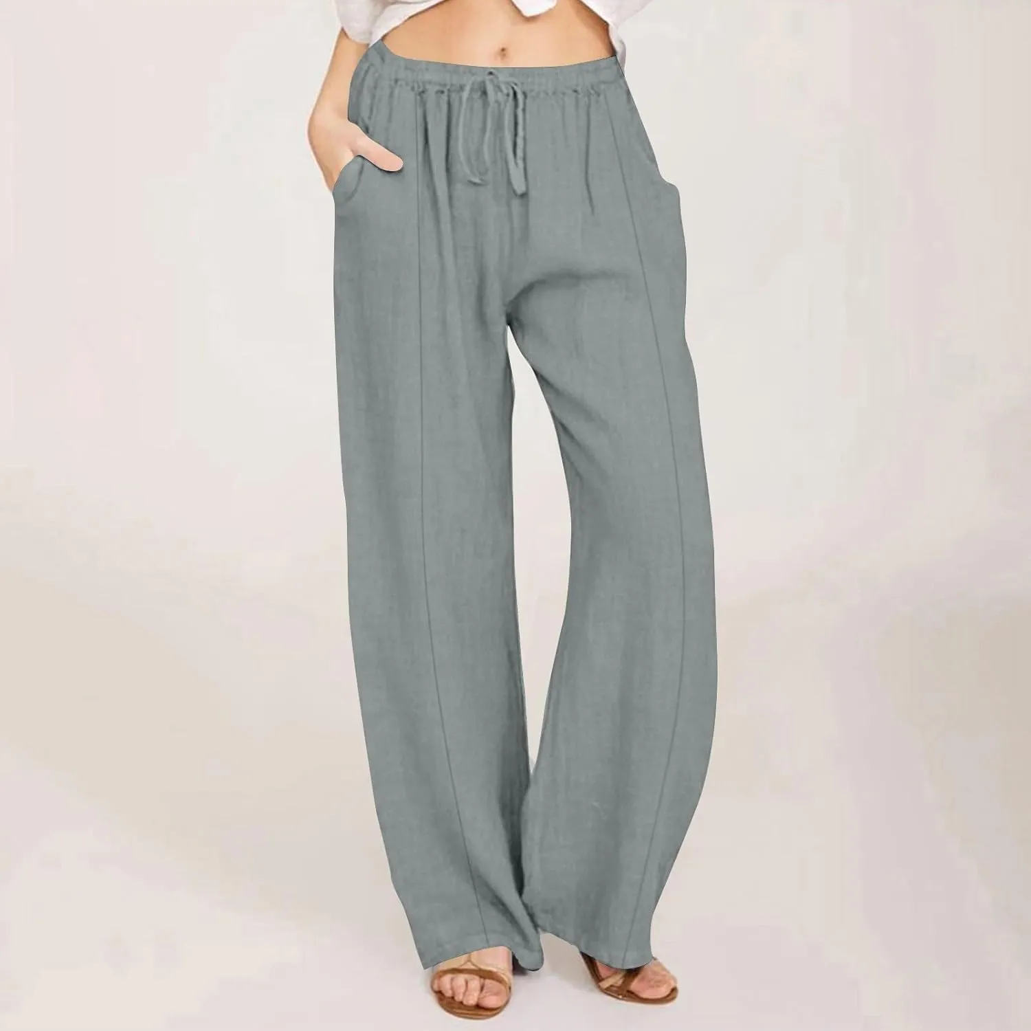 Cotton Linen Pants for Women Casual Straight Leg Trousers Drawstring High Waist Summer Wide Leg Pants with Pockets