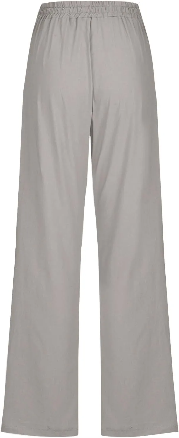 Cotton Linen Pants Women,Casual High Waist Drawstring Lounge Pants Loose Fit Pull on Straight Leg Pant with Pockets