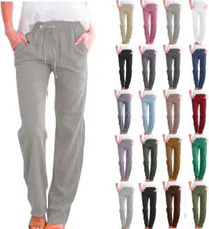 Cotton Linen Pants Women,Casual High Waist Drawstring Lounge Pants Loose Fit Pull on Straight Leg Pant with Pockets