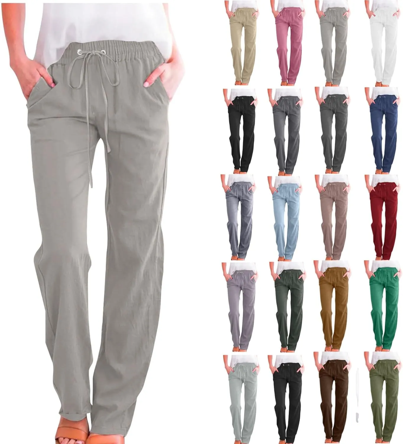 Cotton Linen Pants Women,Casual High Waist Drawstring Lounge Pants Loose Fit Pull on Straight Leg Pant with Pockets