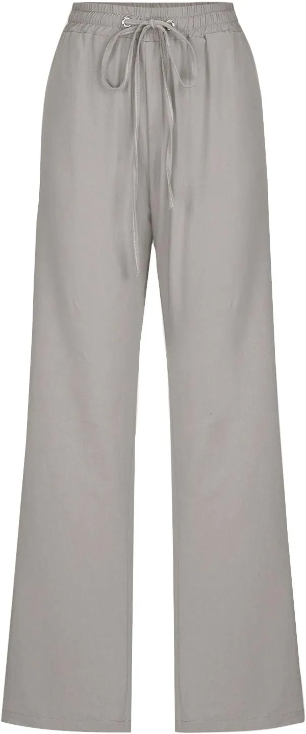 Cotton Linen Pants Women,Casual High Waist Drawstring Lounge Pants Loose Fit Pull on Straight Leg Pant with Pockets