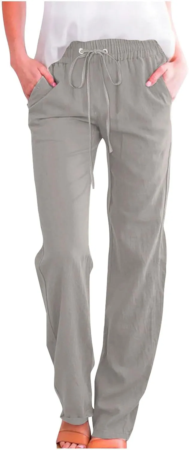 Cotton Linen Pants Women,Casual High Waist Drawstring Lounge Pants Loose Fit Pull on Straight Leg Pant with Pockets