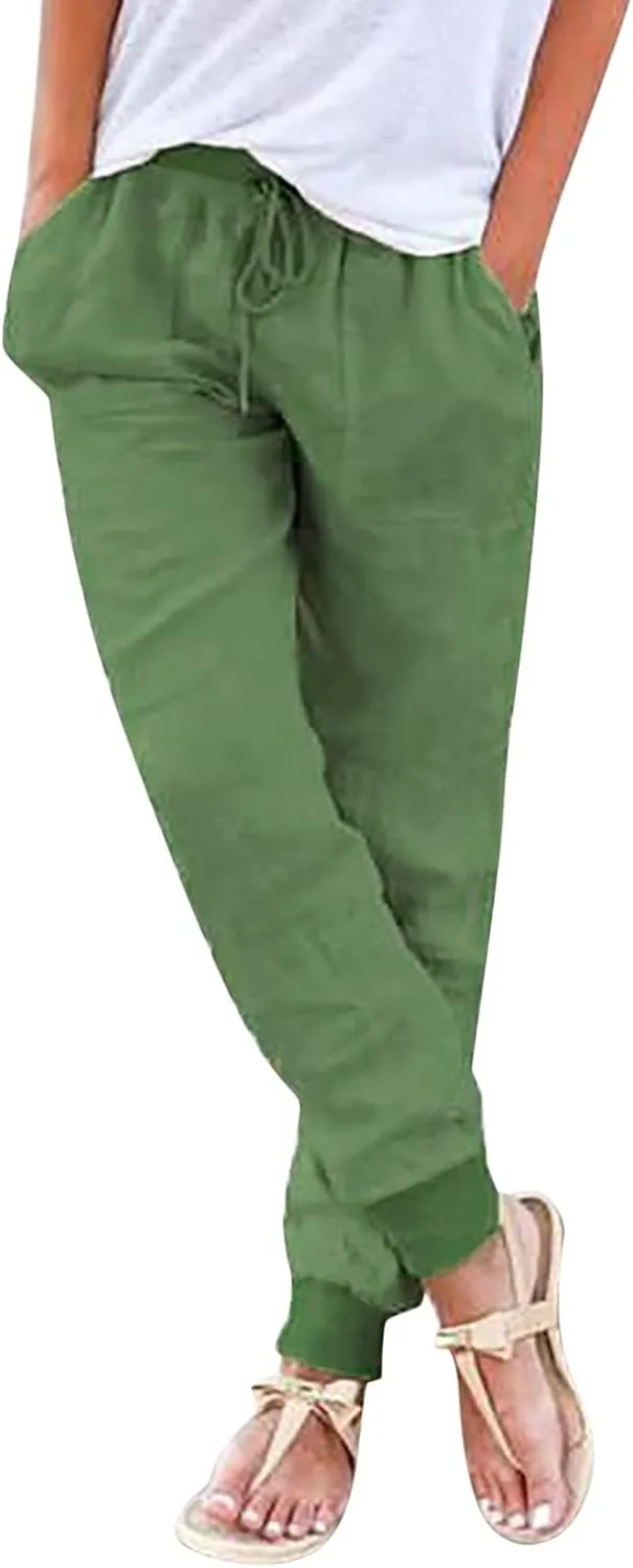Cotton Linen Tapered Pants for Women Drawstring Elastic Waist Trousers Cinch Bottom Lightweight High Waisted Pants 2025