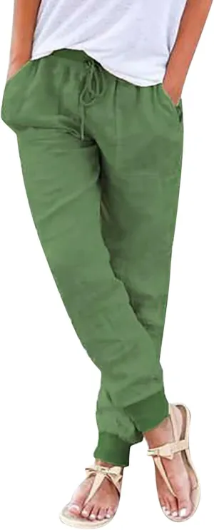 Cotton Linen Tapered Pants for Women Drawstring Elastic Waist Trousers Cinch Bottom Lightweight High Waisted Pants 2025
