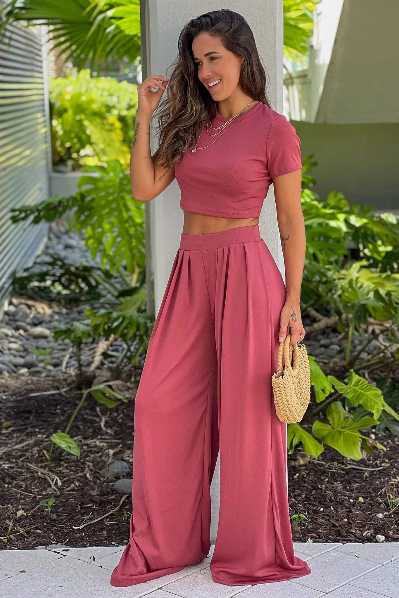 Dark Rose Crop Top And Pants Set